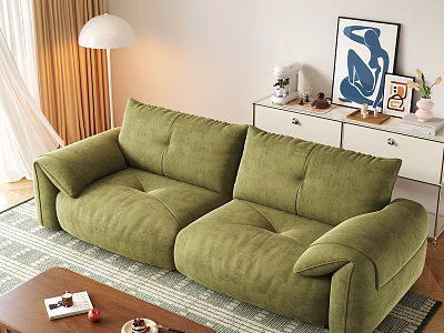 Green Two-Seater Sofa in Cozy Modern Living Room with Sunlight Wooden Floor and Floor Lamp 3d model