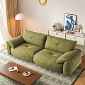 Green Two-Seater Sofa in Cozy Modern Living Room with Sunlight Wooden Floor and Floor Lamp