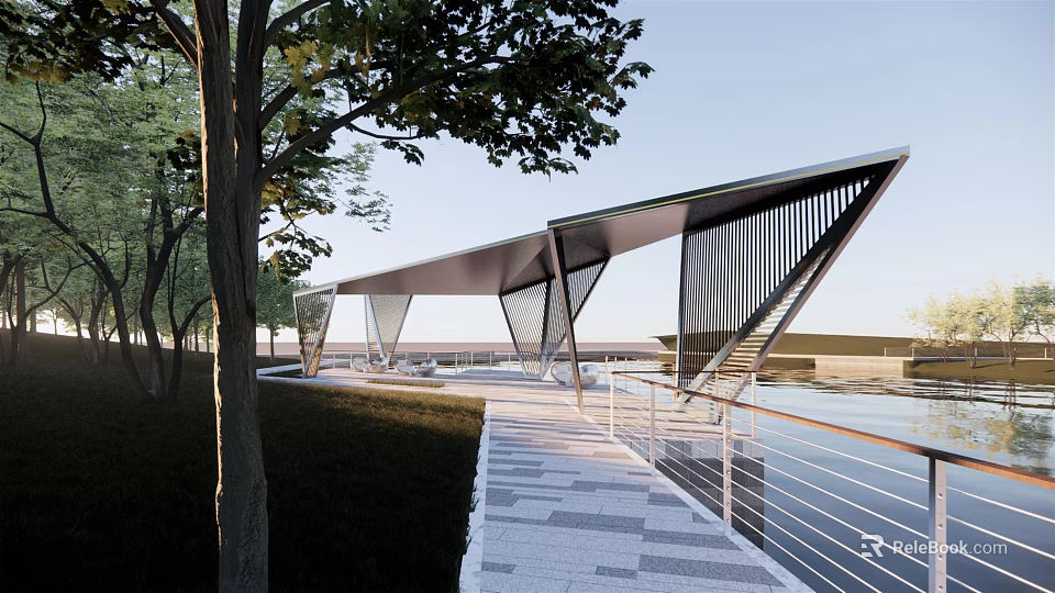 Modern Geometric Pergola with Sloped Roof Along Waterfront Pathway and Trees 3d model 