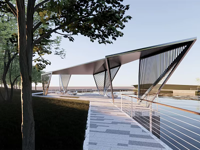 Modern Geometric Pergola with Sloped Roof Along Waterfront Pathway and Trees 3d model