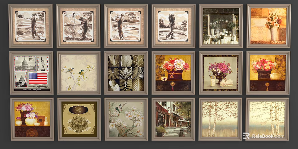 Framed Decorative Paintings with Landscape Floral Figure Styles Arranged in Grid 3d model 