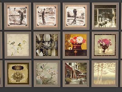 Framed Decorative Paintings with Landscape Floral Figure Styles Arranged in Grid 3d model