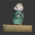Cute Stuffed Bear Doll Wearing Green Dress With Yellow Star Patterns On Wooden Platform