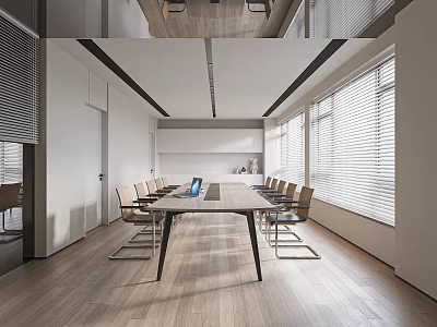 Modern Conference Room With Long Table Chairs Large Windows Blinds And Wooden Flooring 3d model