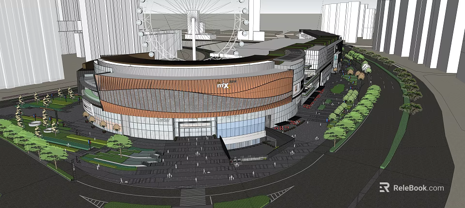 MTX Commercial Complex Modern Curved Facade With Pedestrians Greenery And Vehicles 3d model 