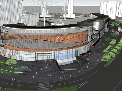 MTX Commercial Complex Modern Curved Facade With Pedestrians Greenery And Vehicles 3d model