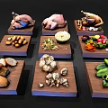 Whole Pig and Whole Chicken Displayed on Wooden Trays with Fresh Vegetables and Bread