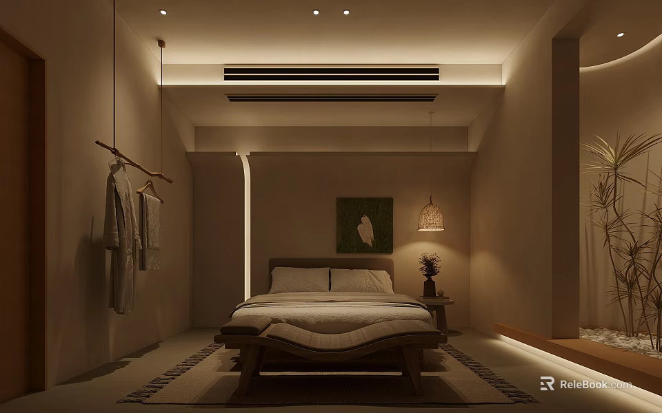 Warm Toned Hotel Guest Room With Wooden Bed Pendant Light And Decorative Painting 3d model 
