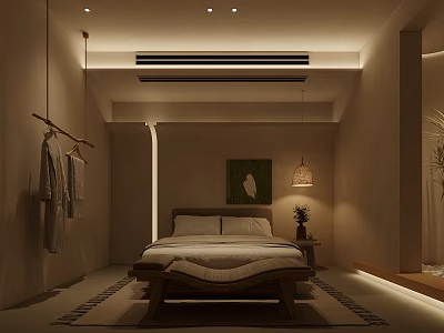 Warm Toned Hotel Guest Room With Wooden Bed Pendant Light And Decorative Painting 3d model