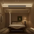 Warm Toned Hotel Guest Room With Wooden Bed Pendant Light And Decorative Painting