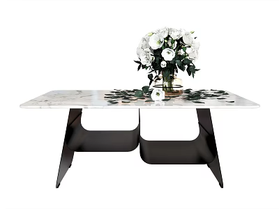 Modern Dining Table With Marble Top Black Metal Legs And White Flower Bouquet 3d model