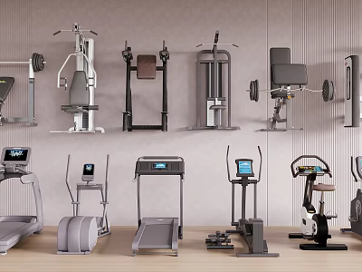 Various Home Gym Fitness Equipment Display With Treadmills Weight Benches Exercise Bikes And Strength Trainers 3d model