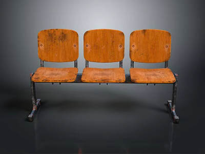 Vintage Wooden Bench With Three Seats Worn Backrests And Metal Legs 3d model