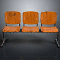 Vintage Wooden Bench With Three Seats Worn Backrests And Metal Legs