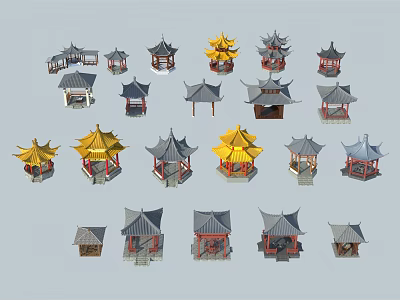 Traditional Chinese Pavilion 3D Models With Different Architectural Styles And Yellow Gray Roofs 3d model