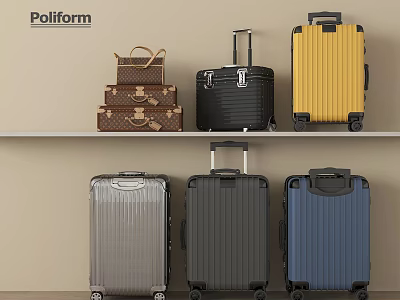 Assorted Colored Suitcases and Bags Displayed on Shelves with Hard Shell and Trolley Wheels 3d model