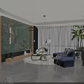 Modern Living and Dining Area Interior With Blue Sofa White Curtains And Large Plant