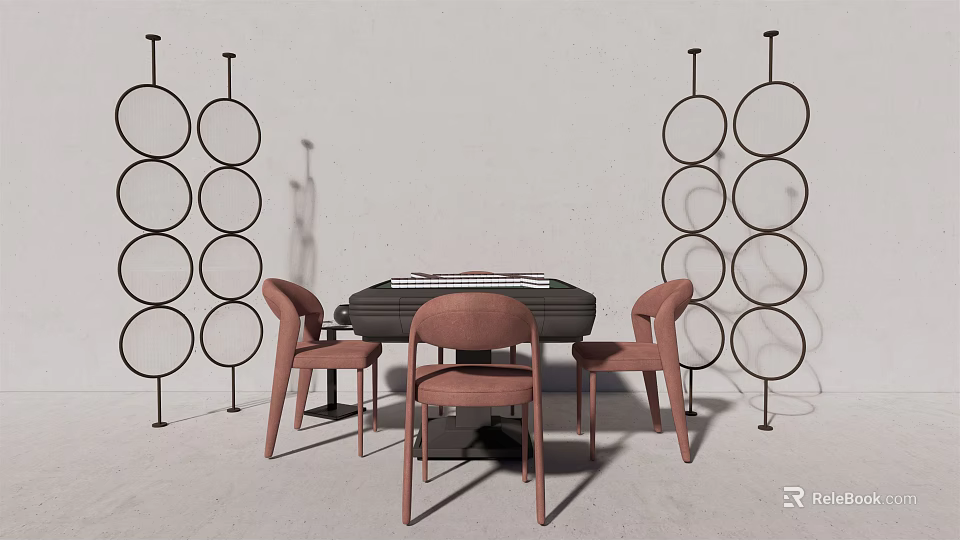 Modern Entertainment Table Interior With Four Pink Chairs And Circular Decorative Walls 3d model 