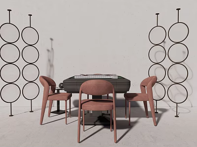 Modern Entertainment Table Interior With Four Pink Chairs And Circular Decorative Walls 3d model