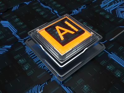 AI Enhanced Computer Chip Featuring Orange Logo on Blue Line Circuit Board 3d model