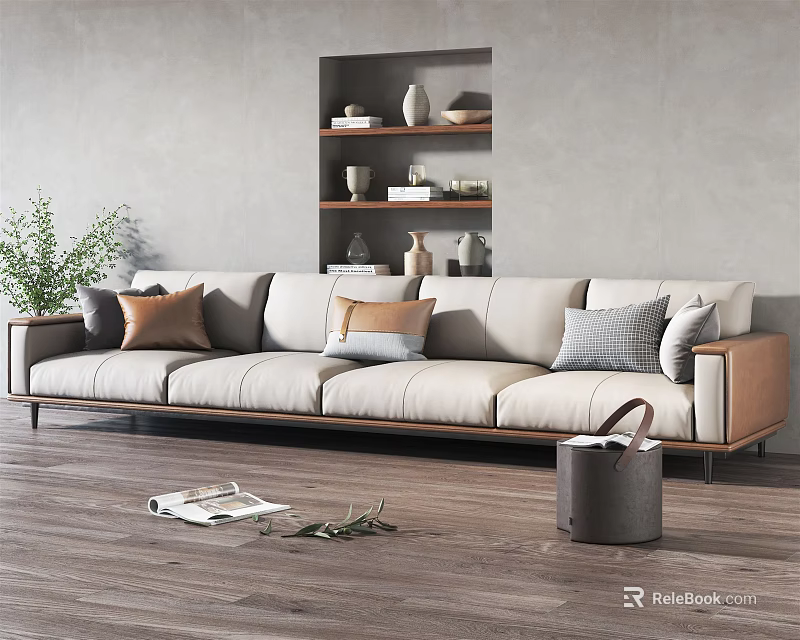 Multi Seater Sofa In Modern Living Room With Decorative Shelf And Wooden Floor 3d model 