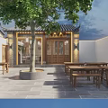 Traditional Chinese Private Dining Room With Wooden Table Chairs And Brick Wall Decorations