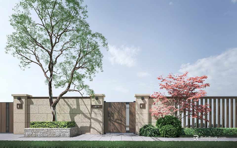 Modern Building Facade With Green Trees Pink Flowering Tree Gate Fence Greenery And Lawn 3d model 