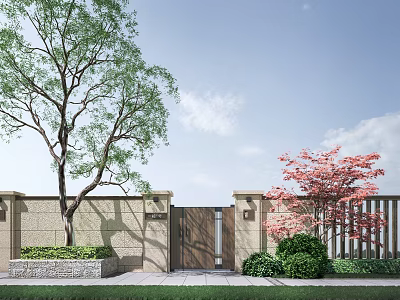 Modern Building Facade With Green Trees Pink Flowering Tree Gate Fence Greenery And Lawn 3d model