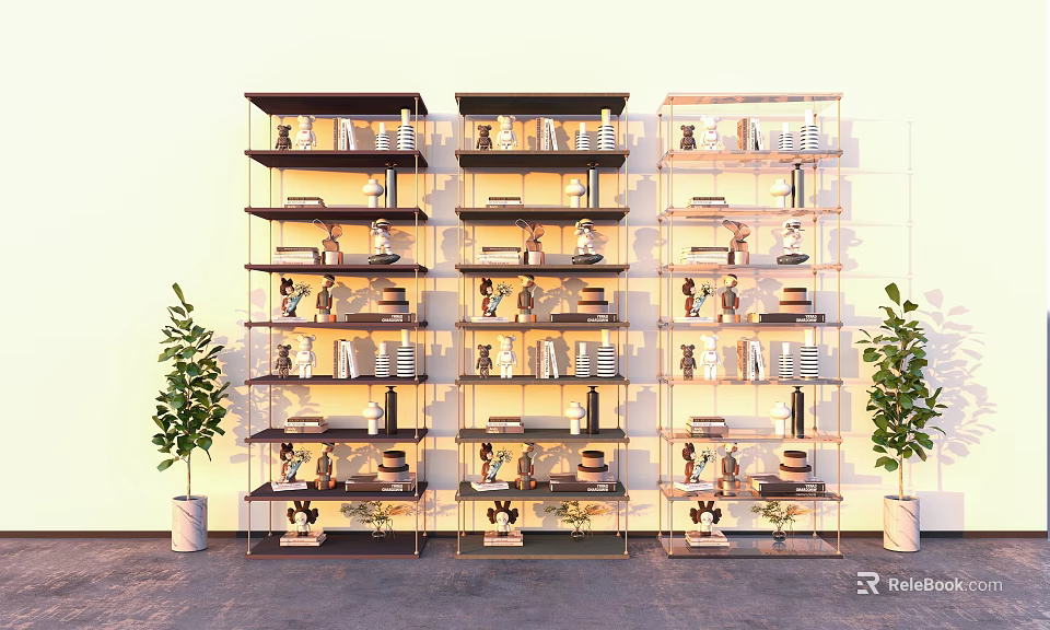 Modern Decorative Cabinets With Metal Frames Multiple Shelves And Decorative Items 3d model 