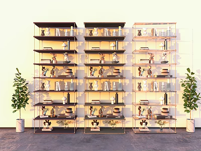Modern Decorative Cabinets With Metal Frames Multiple Shelves And Decorative Items 3d model