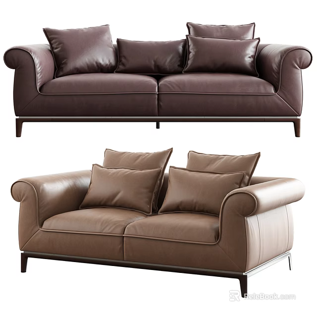 Modern Brown Leather Two Seater Sofa With Armrests And Cushions 3d model