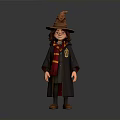 Cartoon Wizard Character Wearing Pointed Hat Red Yellow Scarf Grey Robe House Badge Brown Shoes