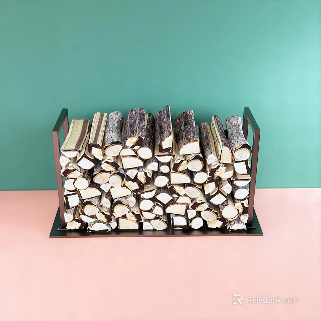 Pink Stone Countertop With Black Metal Rack Holding Neatly Stacked Wood Logs On Green Background 3d model 
