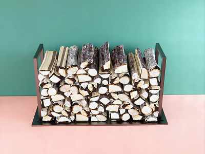 Pink Stone Countertop With Black Metal Rack Holding Neatly Stacked Wood Logs On Green Background 3d model