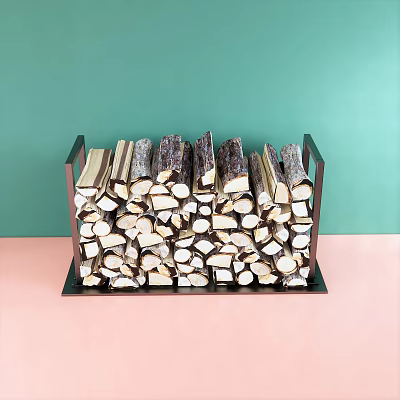Pink Stone Countertop With Black Metal Rack Holding Neatly Stacked Wood Logs On Green Background 3d model
