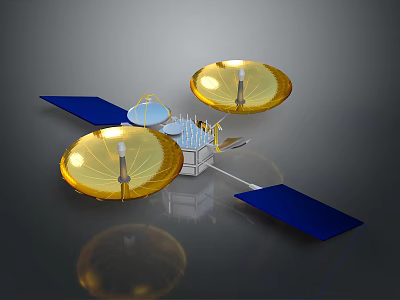 Spacecraft Structure Featuring Golden Dish Antennas And Blue Solar Panels 3d model