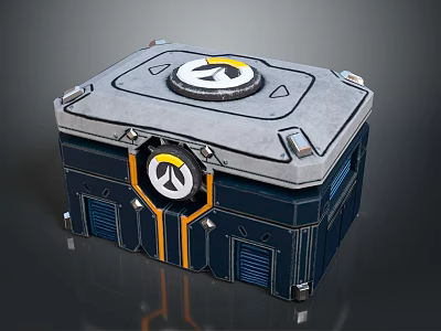 Sci Fi Style Storage Box With Metallic Texture Circular Logos Blue Gray And Orange Accents 3d model