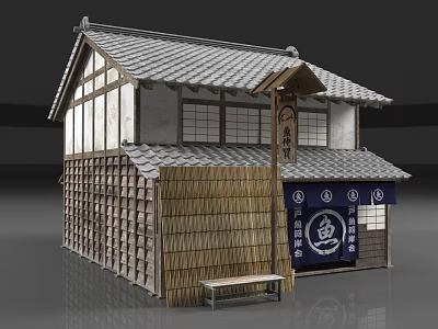 Traditional Ancient Architecture With Tile Roof Wooden Structure Lattice Windows Blue Signboard And Wooden Bench 3d model