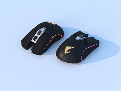 Two Black Gaming Mice with Gold Accents Orange Trim Gold Logo and Purple LED Lights 3d model