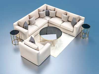 Modern Beige Sofa And Coffee Table Set With Grey Cushions Glass Top And Gold Legs 3d model