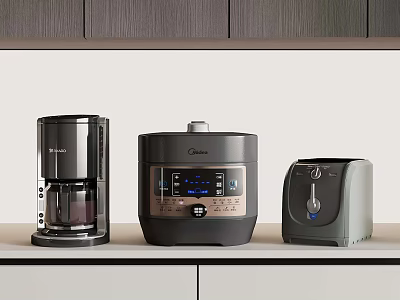 Modern Black And Gray Kitchen Appliances On Countertop Including Coffee Maker Pressure Cooker And Toaster 3d model