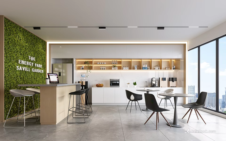 Modern Office Break Room With Green Wall White Cabinets Island Counter And Tables Chairs 3d model 