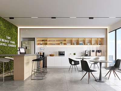 Modern Office Break Room With Green Wall White Cabinets Island Counter And Tables Chairs 3d model