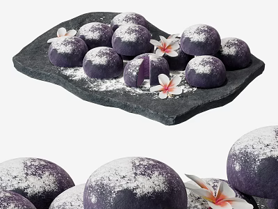 Purple Dessert Balls With Powdered Surface On Black Stone Platter And Flowers 3d model