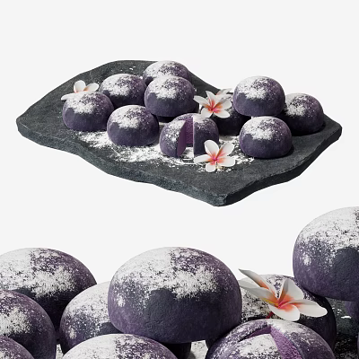Purple Dessert Balls With Powdered Surface On Black Stone Platter And Flowers 3d model
