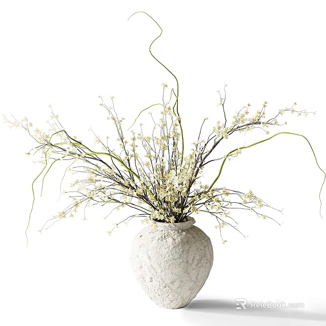 Decorative Textured White Vase With Slender Branches Curved Vines And Small White Flowers 3d model 