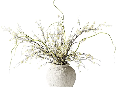 Decorative Textured White Vase With Slender Branches Curved Vines And Small White Flowers 3d model