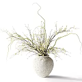 Decorative Textured White Vase With Slender Branches Curved Vines And Small White Flowers