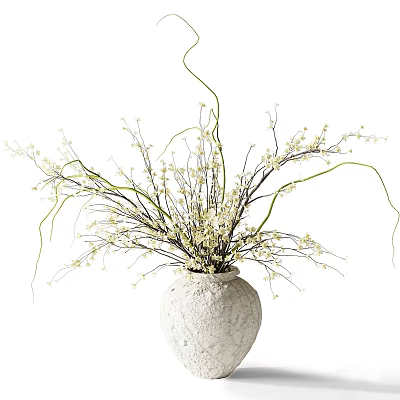 Decorative Textured White Vase With Slender Branches Curved Vines And Small White Flowers 3d model