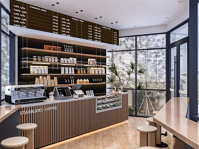 Modern Café Interior Design With Wooden Counter Coffee Machine Menu Board And Large Windows 3d model